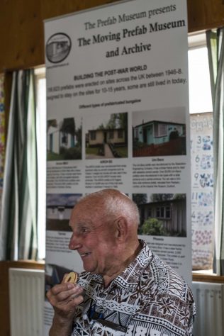 George at LFA 2017 George, prefab resident, eating biscuits at the Moving Prefab event June 2017 | Prefab Museum