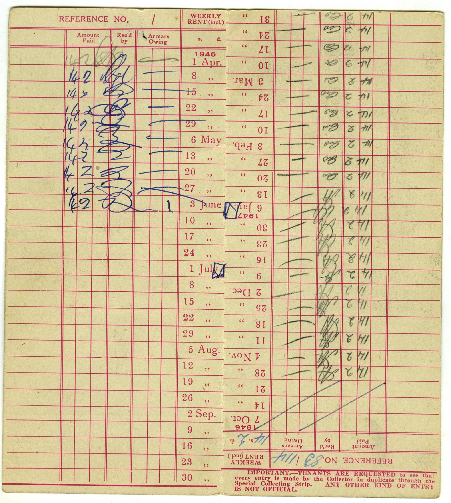 Alan Page's family Tenant's Card / Back - County Borough of Newport 1946-1947