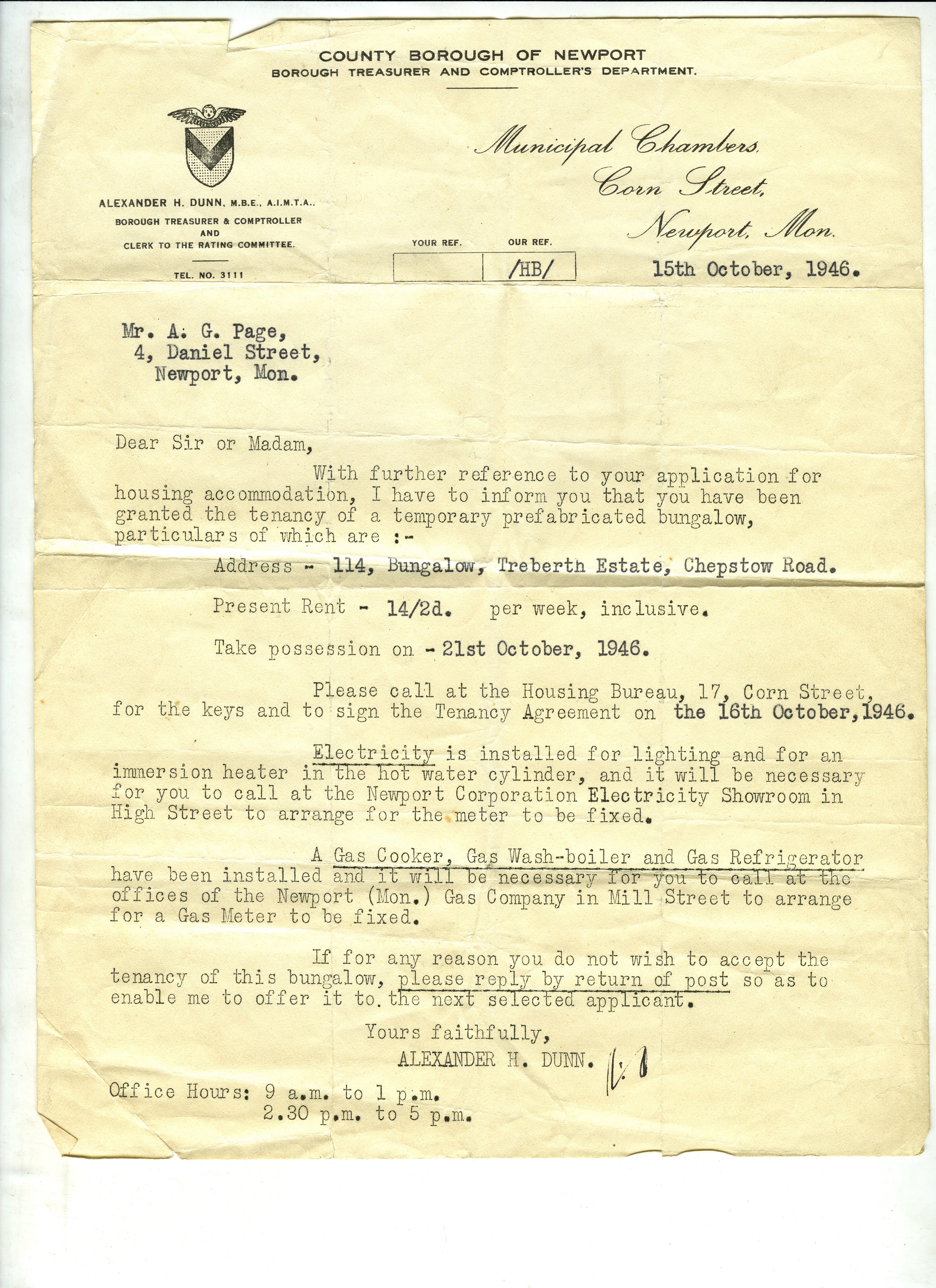 A letter of allocation of a prefab to the Page family by the County Borough of Newport 1946