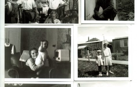 Set of 6 scanned family photos with indoors and outdoors of Arcon Mk V prefab, Treberth Estate, Newport, Wales