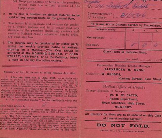 Alan Page's family Tenant's Card / Front - County Borough of Newport 1946-1947