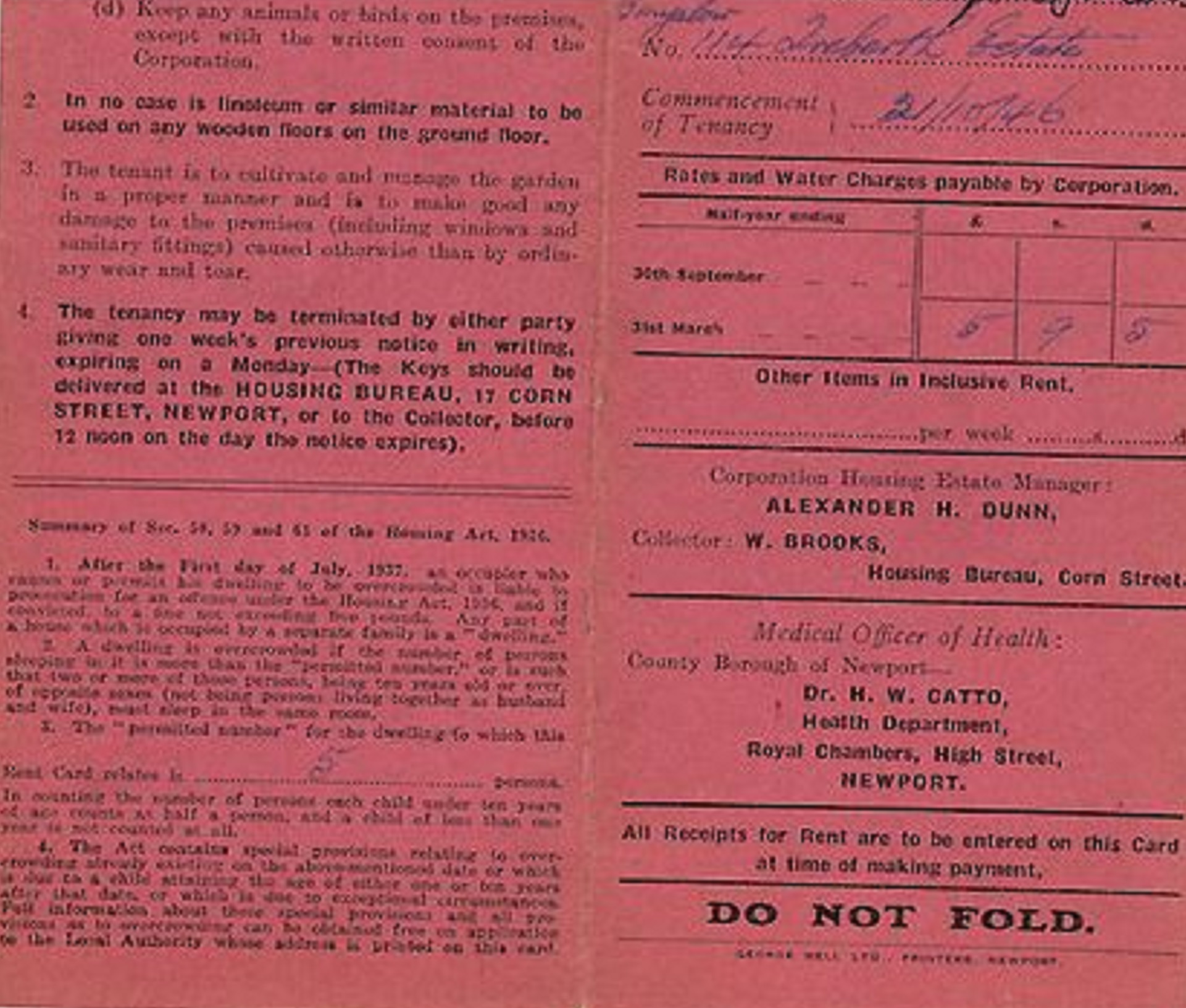 Alan Page's family Tenant's Card / Front - County Borough of Newport 1946-1947