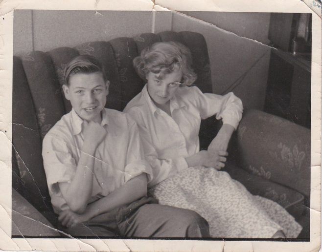 Barry and Tina Clare on the sofa in their prefab | Hearn,Jane