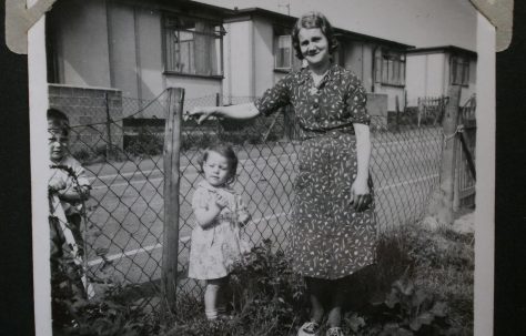 Eileen's nan Amy Jolin, Eileen and her cousin Linda in the prefab garden, Lower Jackwood Close, Eltham