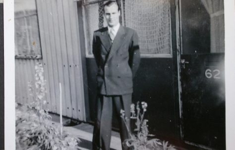 Eileen's dad Daniel Jolin, known as Joe, in front of Arcon prefab