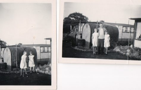 Sisters Andree Jones and Pat Cutler in their UK100 prefab's garden, Birmingham, 50s