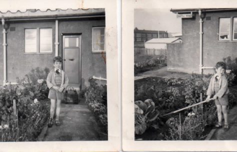 Lord West of Spithead as a child in front of his family prefab, Rosyth, Scotland, 1954