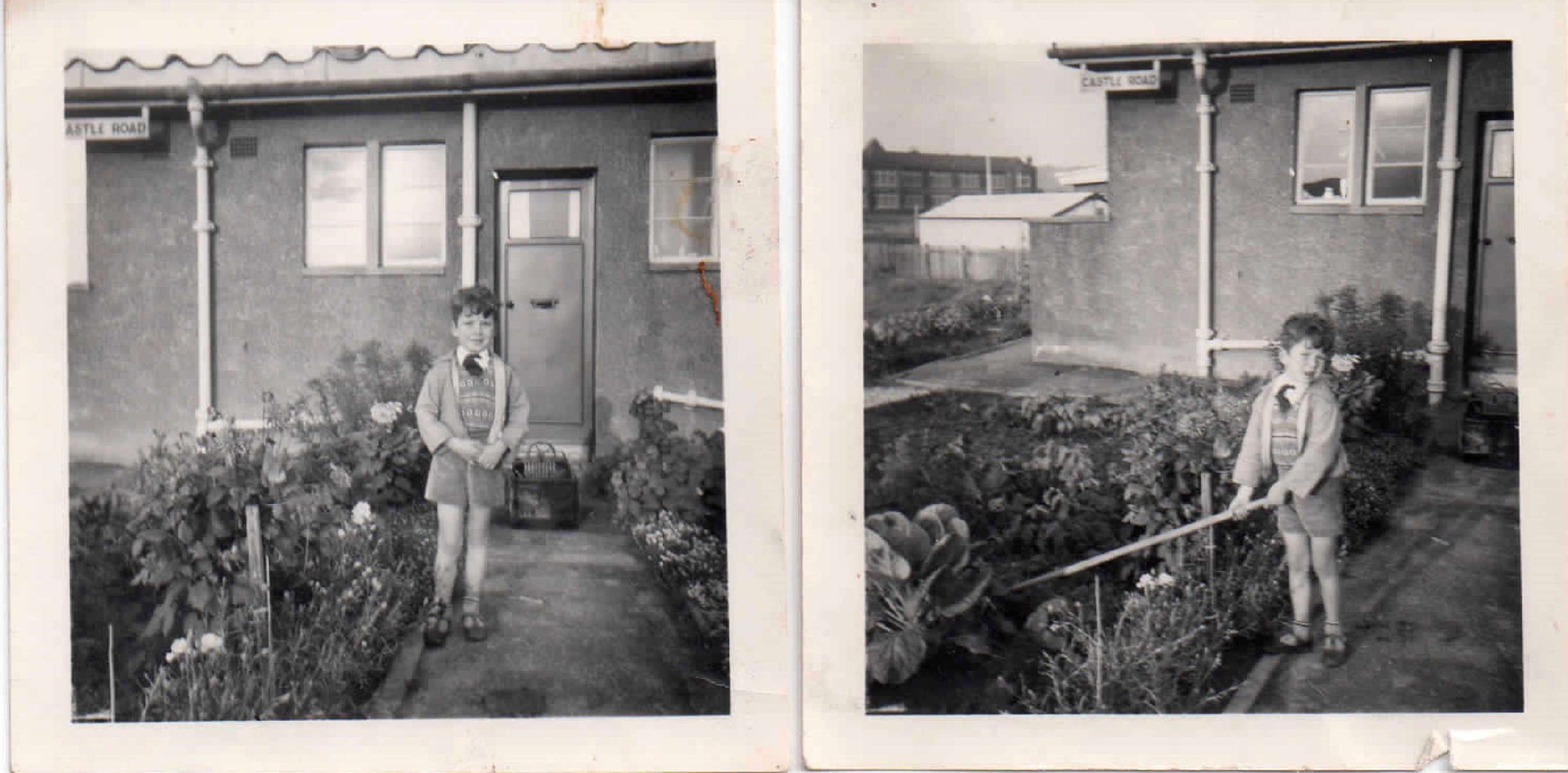 Lord West of Spithead as a child in front of his family prefab, Rosyth, Scotland, 1954