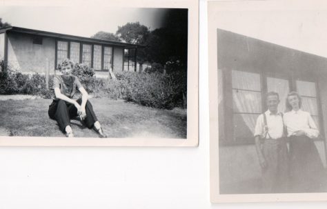 Mother and father of Andree Jones and Pat Cutler in their UK 100 prefab's garden, Birmingham, 50s