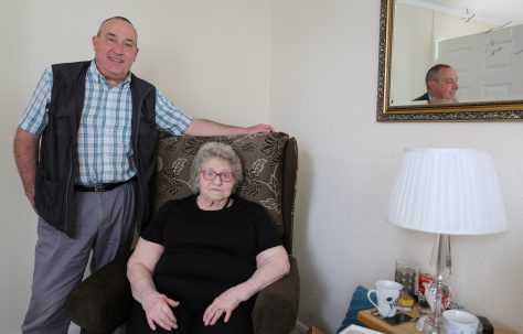 June and her son Jaroslav Kapitan at June's prefab home, a Tarran in Ipswich, in 2016.