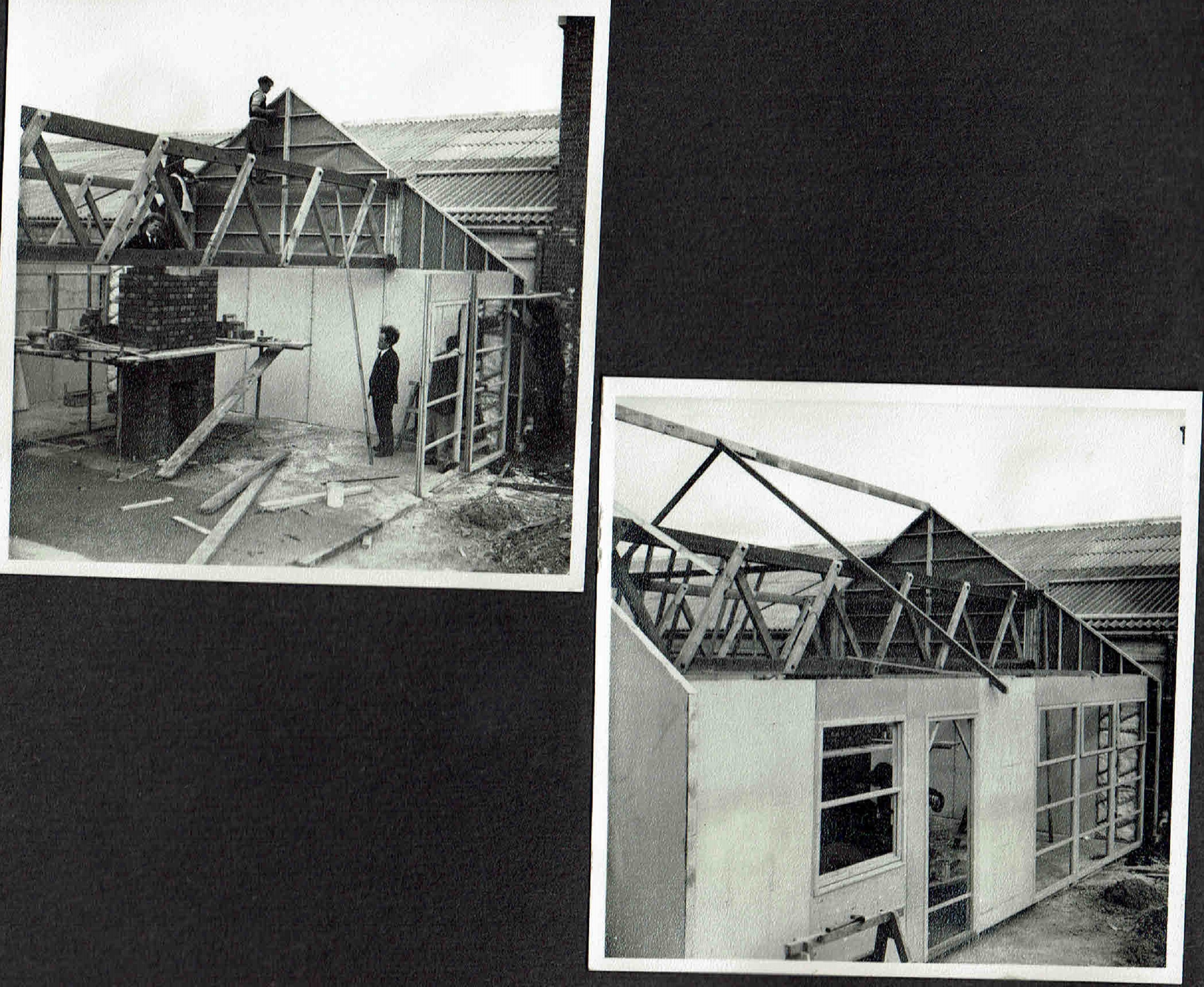 Personal photograph album of a prefabricated timber framed bungalow under construction