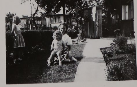 Penny Bishop, her mum and sister in their prefab garden in Willesden