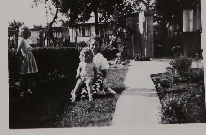 Penny Bishop, her mum and sister in their prefab garden in Willesden | Hearn, Jane