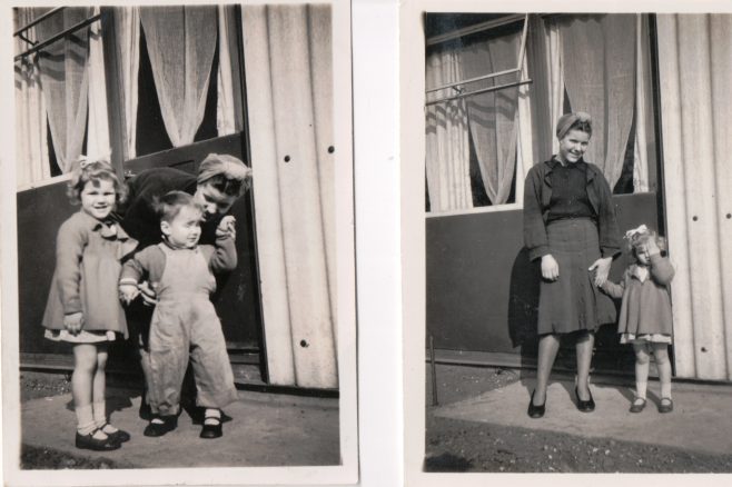 Two photos of Kathryn, her mother Connie and brother Neal outside their prefab | Hearn, Jane