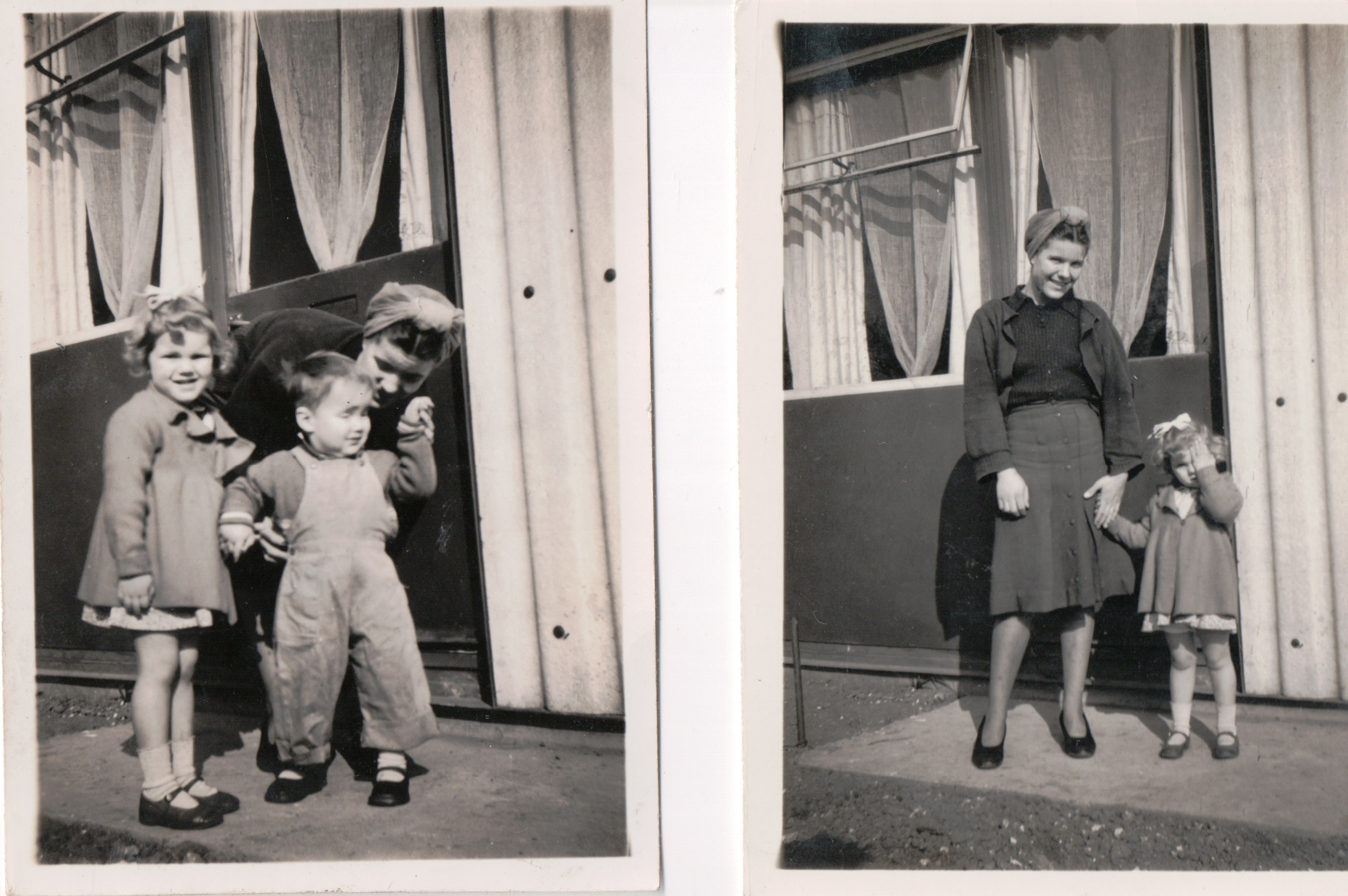 Two photos of Kathryn, her mother Connie and brother Neal outside their prefab