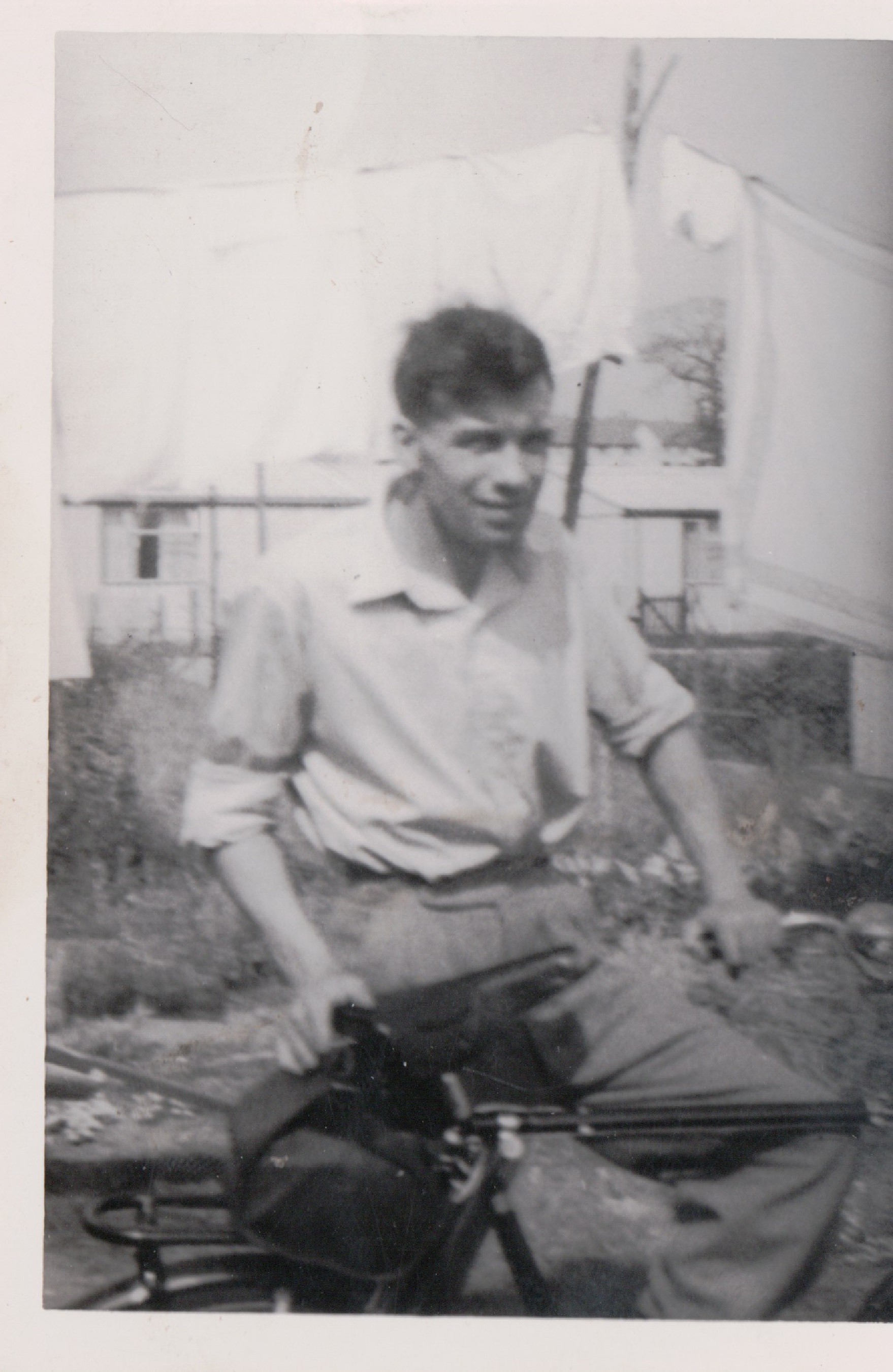 Kathryn's dad with bike in front of Arcon MkV prefab, St Pauls Cray