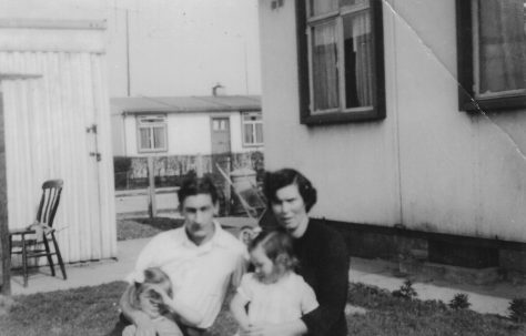 Roy and Eva Taylor in the prefab garden, Marston Moretaine