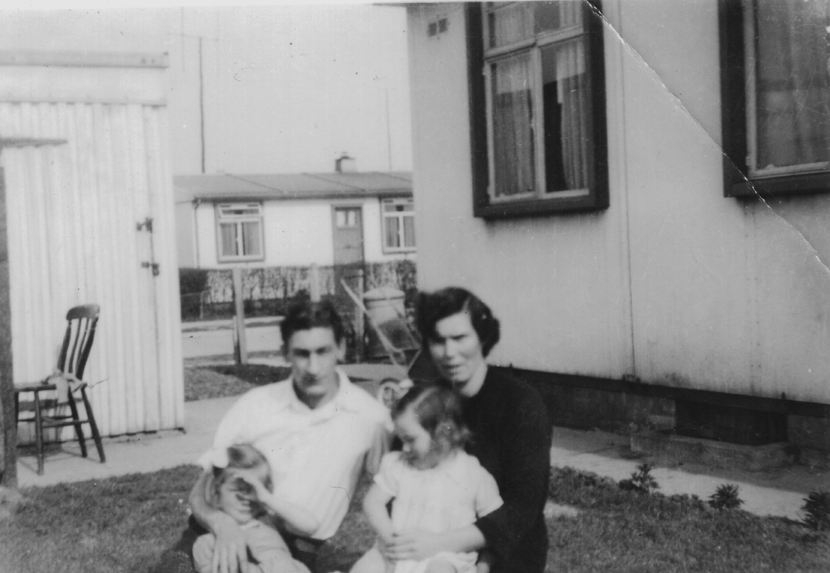 Roy and Eva Taylor in the prefab garden, Marston Moretaine