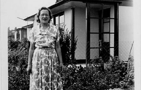 Peter Gale's mum in front of their UK100 prefab in Furze Lane, Portsmouth