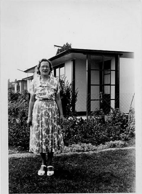 Peter Gale's mum in front of their UK100 prefab in Portsmouth | Hearn, Jane