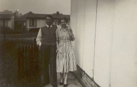 Melanie's parents outside their prefab at Lowden Croft, South Yardley, Birmingham