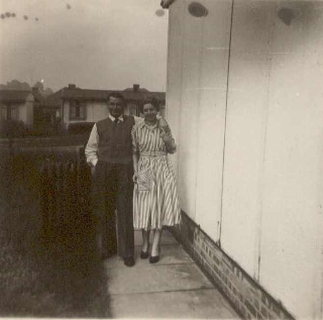 Melanie's parents outside their prefab at Lowden Croft, South Yardley, Birmingham