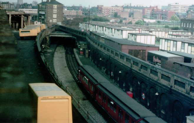 LCC mobile homes. Taken from the old Bishopsgate railway viaduct overlooking the old East London Line and Shoreditch station.