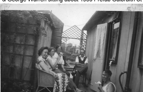 Betty Barry, Joyce Barry, Daisy Warren, Tom Daykin and George Warren sitting about 1955. Galbraith Street, London E14