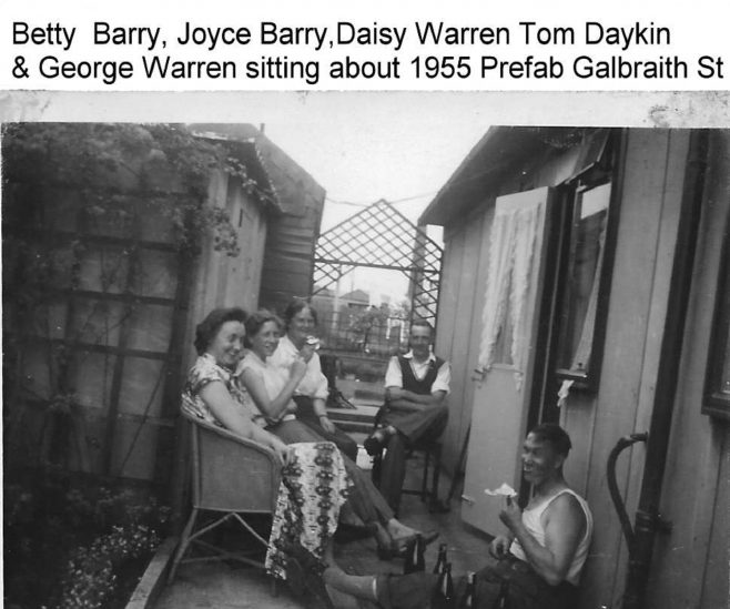 Betty Barry, Joyce Barry, Daisy Warren, Tom Daykin and George Warren sitting about 1955. Galbraith Street, London E14