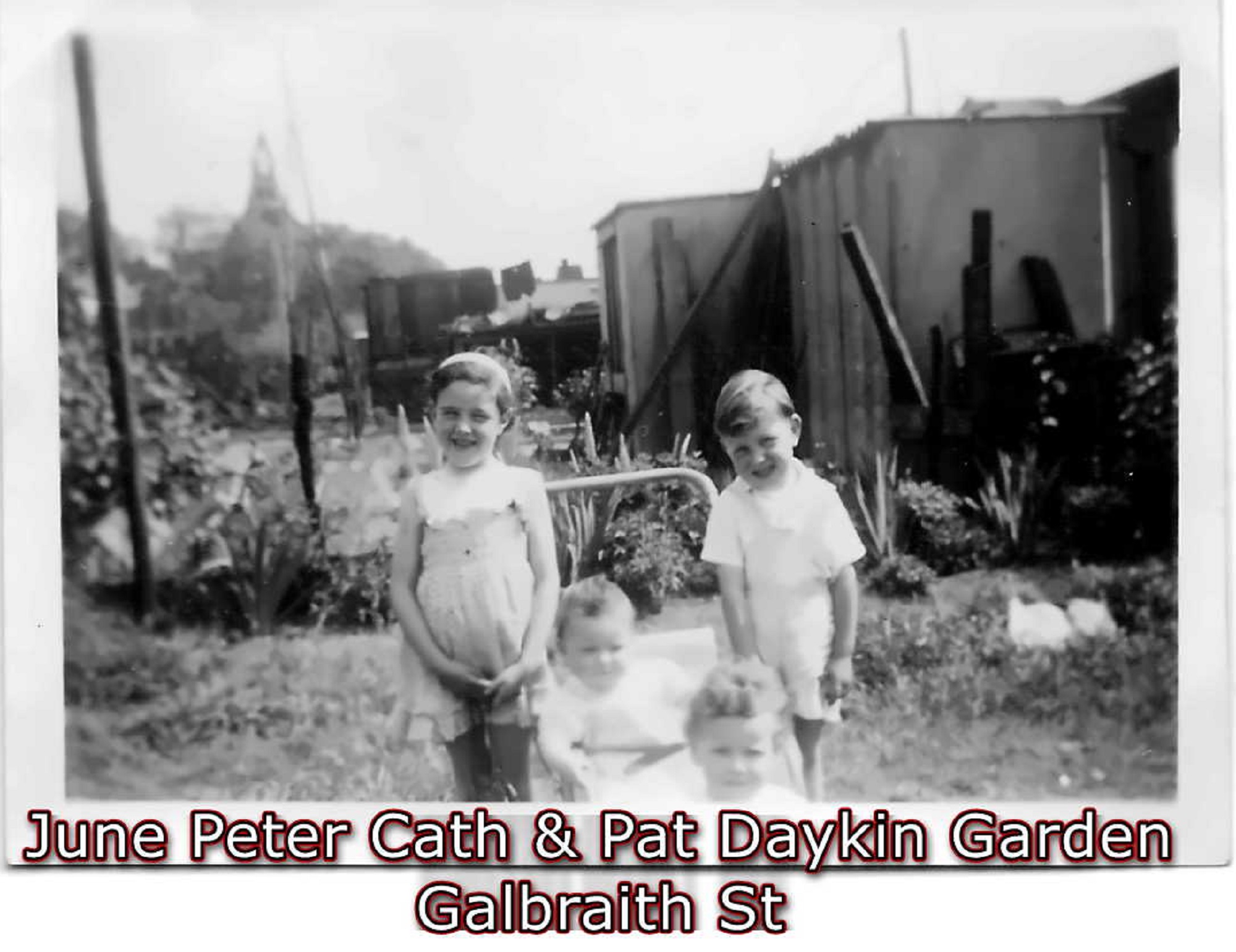 June, Peter, Pat and Cath Daykin. Garden, Galbraith Street, London E14