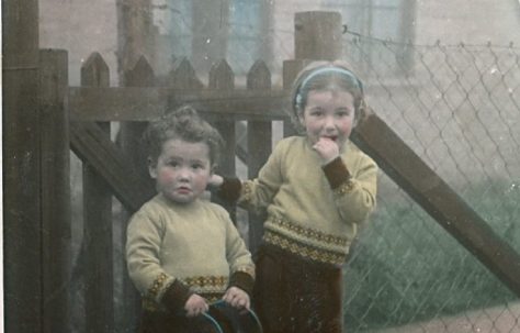 Pat and Kathy in front of the Nissen Hut, Bentham Road, London E9