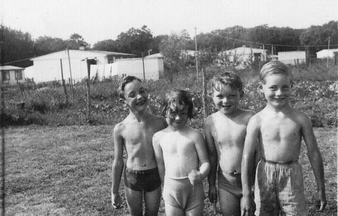 Colin Haycock, Sherry Charlton, Jonathan Dudley and another... in the garden of a prefab at Gatwick Green, Bishops Stortford