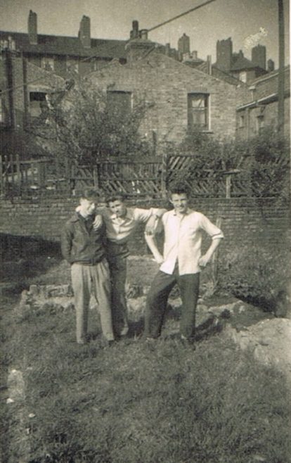 Len's mates in prefab garden, Narford Road London E5