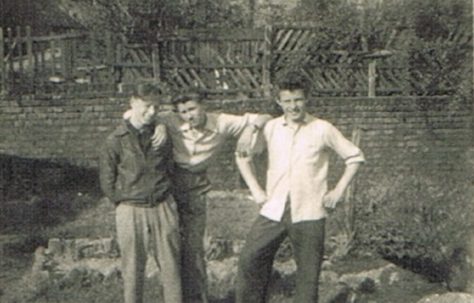 Len's mates in prefab garden, Narford Road London E5