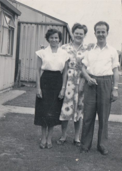Betty, Stanley and I outside our prefab 24th July 1954. Kennylands Road, Hainault