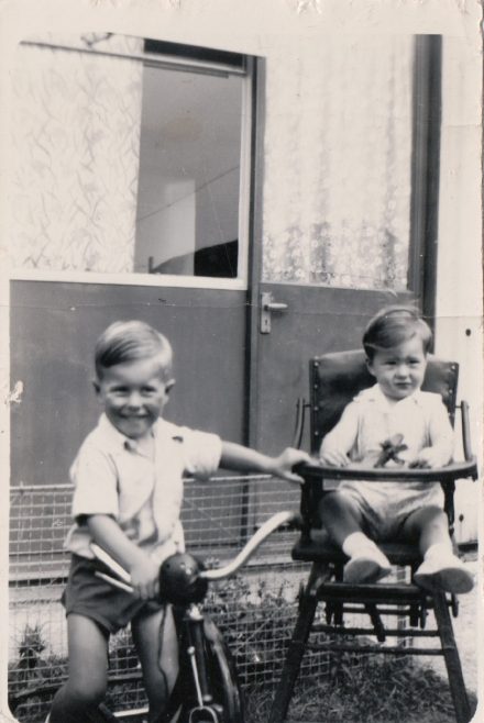 Martin and his brother in the prefab garden. Kennylands Road, Hainault