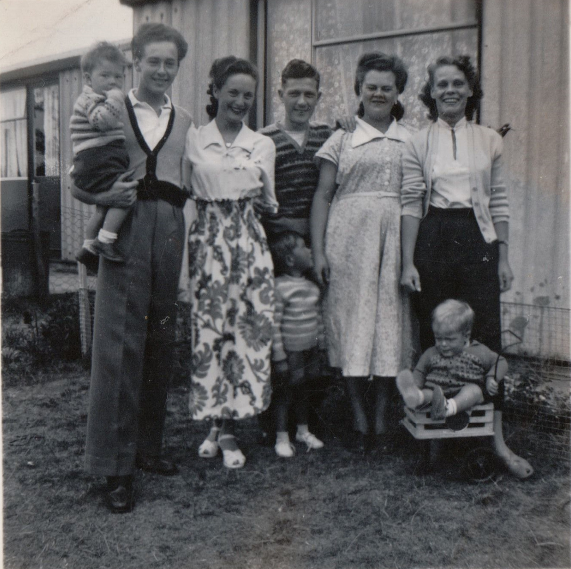 Alan, myself and Mary with kids in back garden. Kennylands Road, Hainault