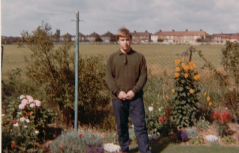 Richard in his prefab back garden overlooking the playing fields. Kedleston Gardens, Hainault