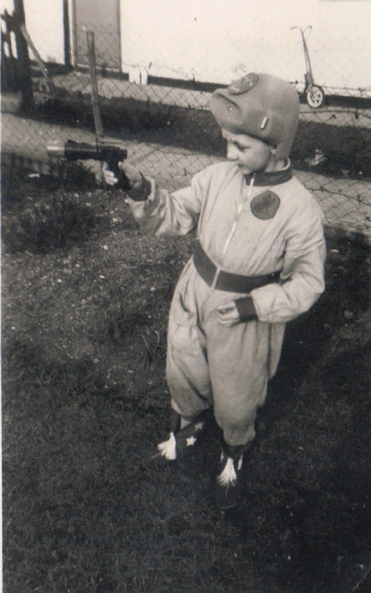 Terence dressed as a spaceman outside his prefab, Dartmouth Park Hill, London N19