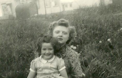 Ursula with Aunt Cecily in Peter Ford's family prefab garden, Shrewsbury