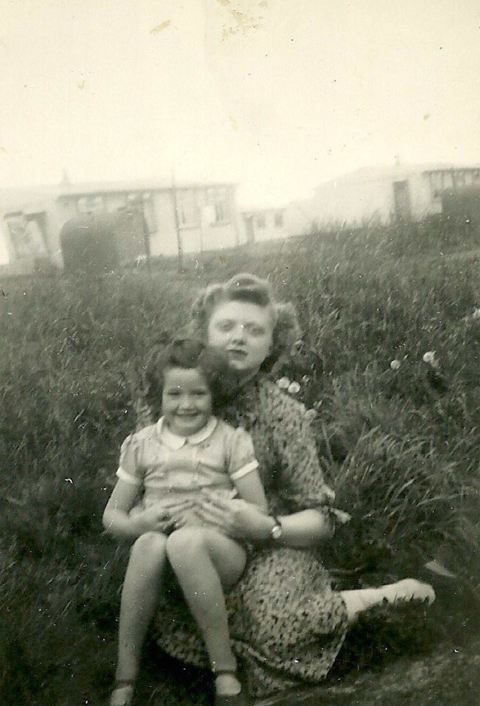 Ursula with Aunt Cecily in Peter Ford's family prefab garden, Shrewsbury