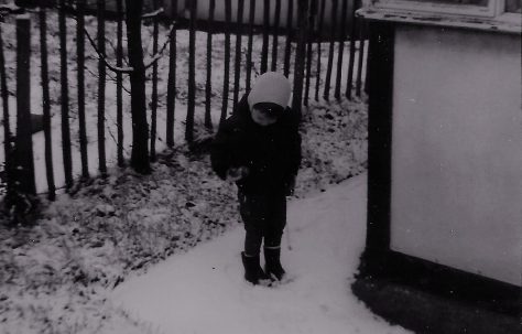 Paul outside the prefab in the snow. Berthon Street, Deptford, London SE8