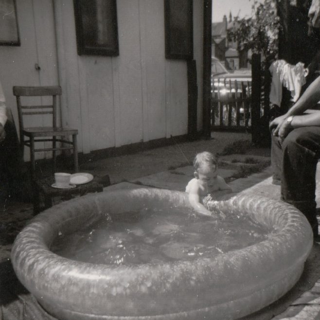 Paddling pool outside the prefab at 4 Tooke Street, London E14