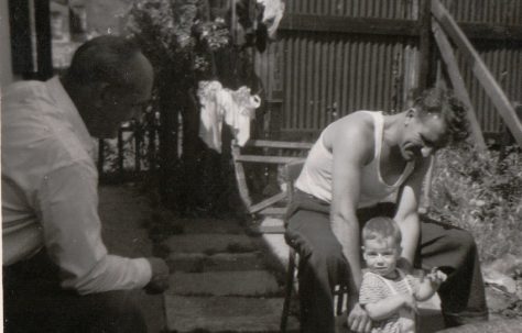 East side of our prefab, Andy, Uncle Dennis and my brother Tony about 1960. Tooke Street, London E14