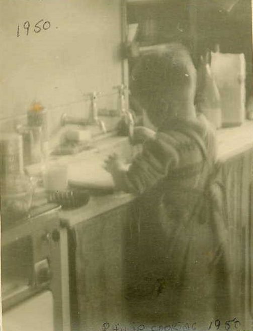 Phil Goude in the prefab kitchen 1950. Bants Crescent, Nottingham