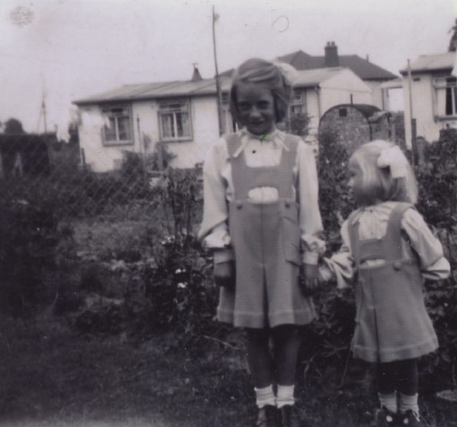 Elizabeth and Pauline in the back garden with nos 1 and 2 in the background. 6 Willow Lane, Wickford, Essex