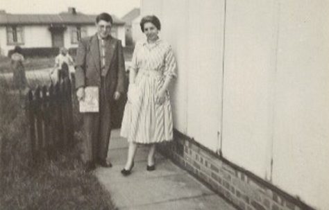 Melanie's family outside the prefab in Lowden Croft, South Yardley, Birmingham