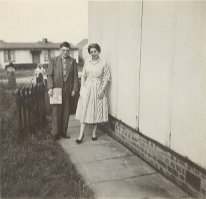 Melanie's family outside the prefab in Lowden Croft, South Yardley, Birmingham