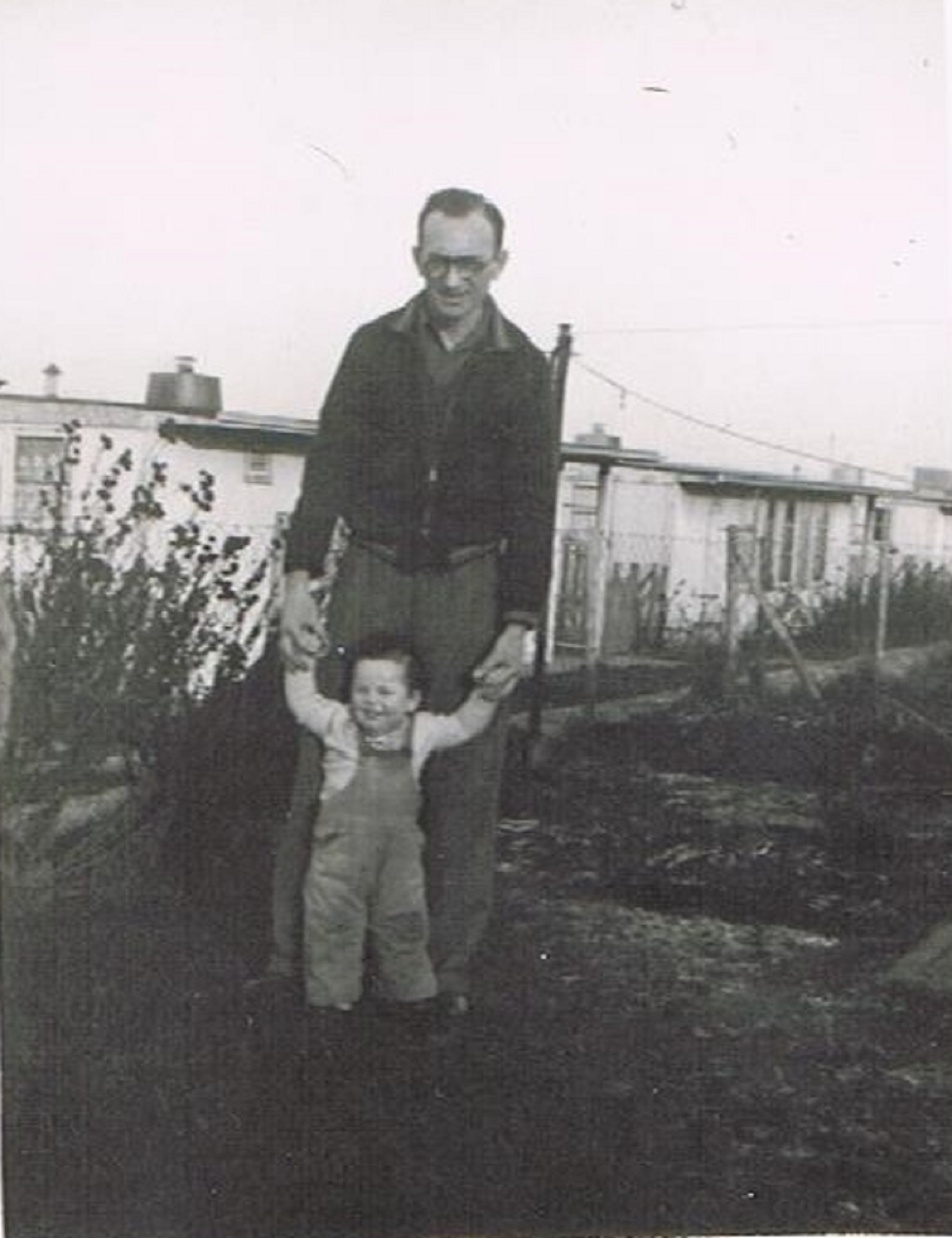 Bernard and his dad in the prefab garden. 60 Harewood Road, Coventry