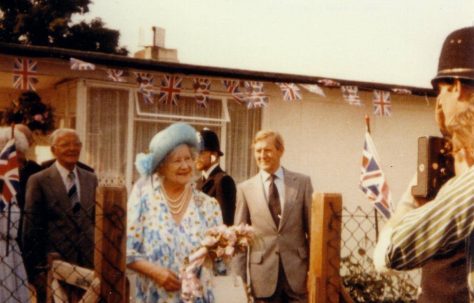 Queen Mother visiting the Excalibur Estate prefabs, 1980s